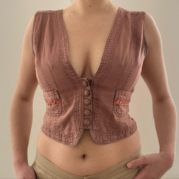 Vintage Tops - Vintage Rubberdoll Bleached Vest Pink Sleeveless Button-Up Vest